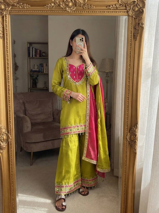Reception Wear Green Color Real Mirror Work Palazzo Suit