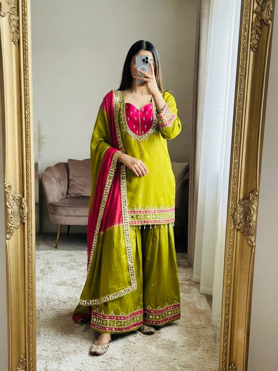 Reception Wear Green Color Real Mirror Work Palazzo Suit