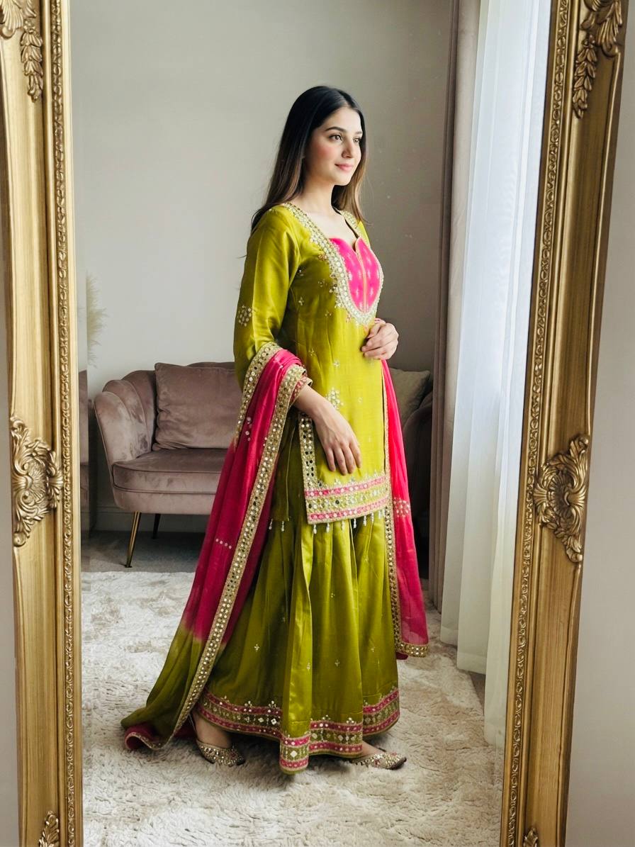Reception Wear Green Color Real Mirror Work Palazzo Suit