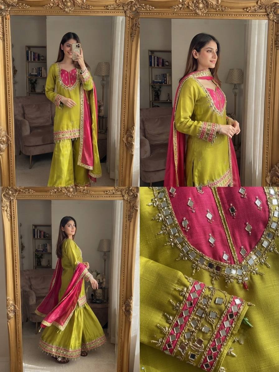 Reception Wear Green Color Real Mirror Work Palazzo Suit