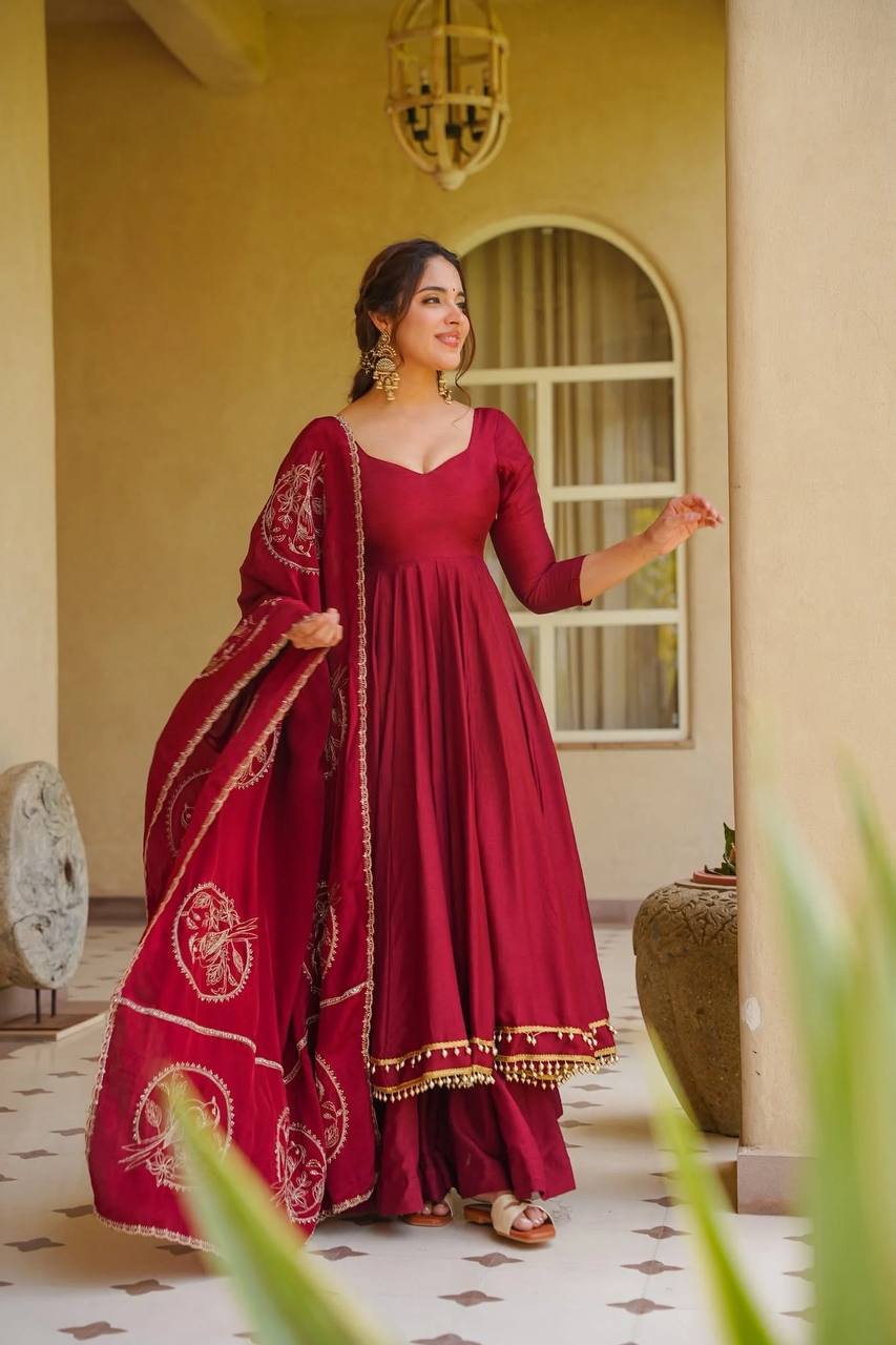  Reception Wear Red Color Silk Ready To Wear Anarkali Suit 