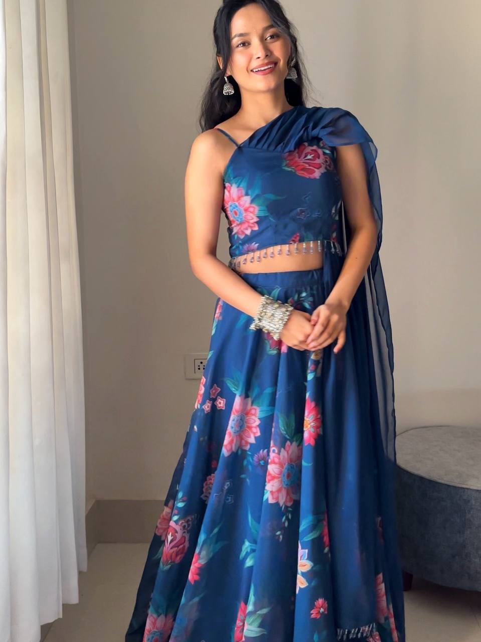Party Wear Blue color Georgette Floral Printed  Designer Lehenga Choli