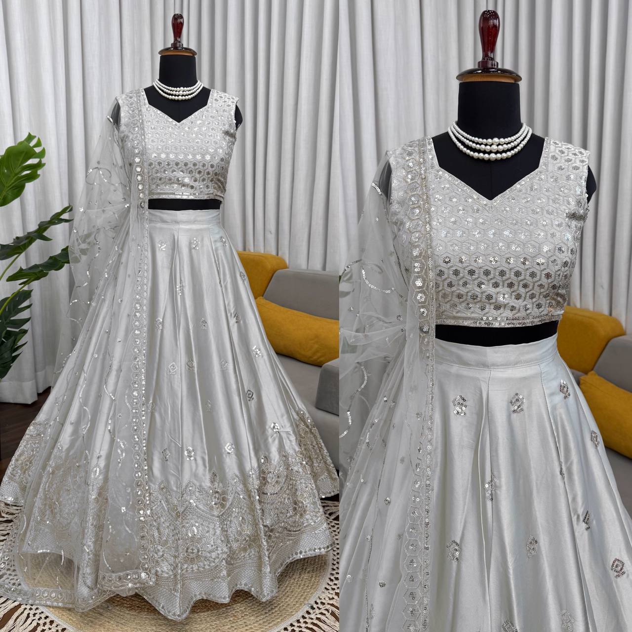 Party Wear Grey Color Japan Satin Lehenga Set