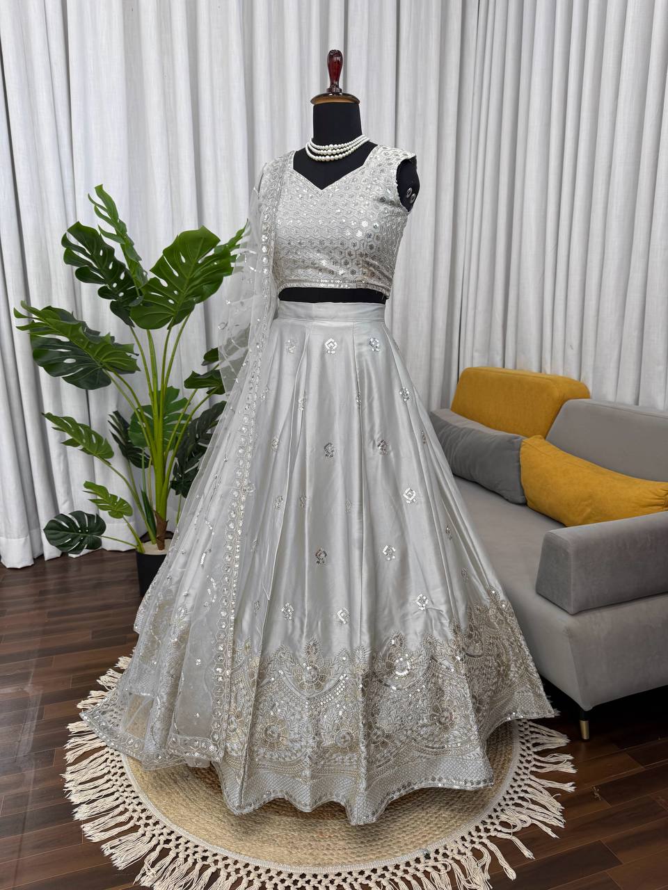 Party Wear Grey Color Japan Satin Lehenga Set
