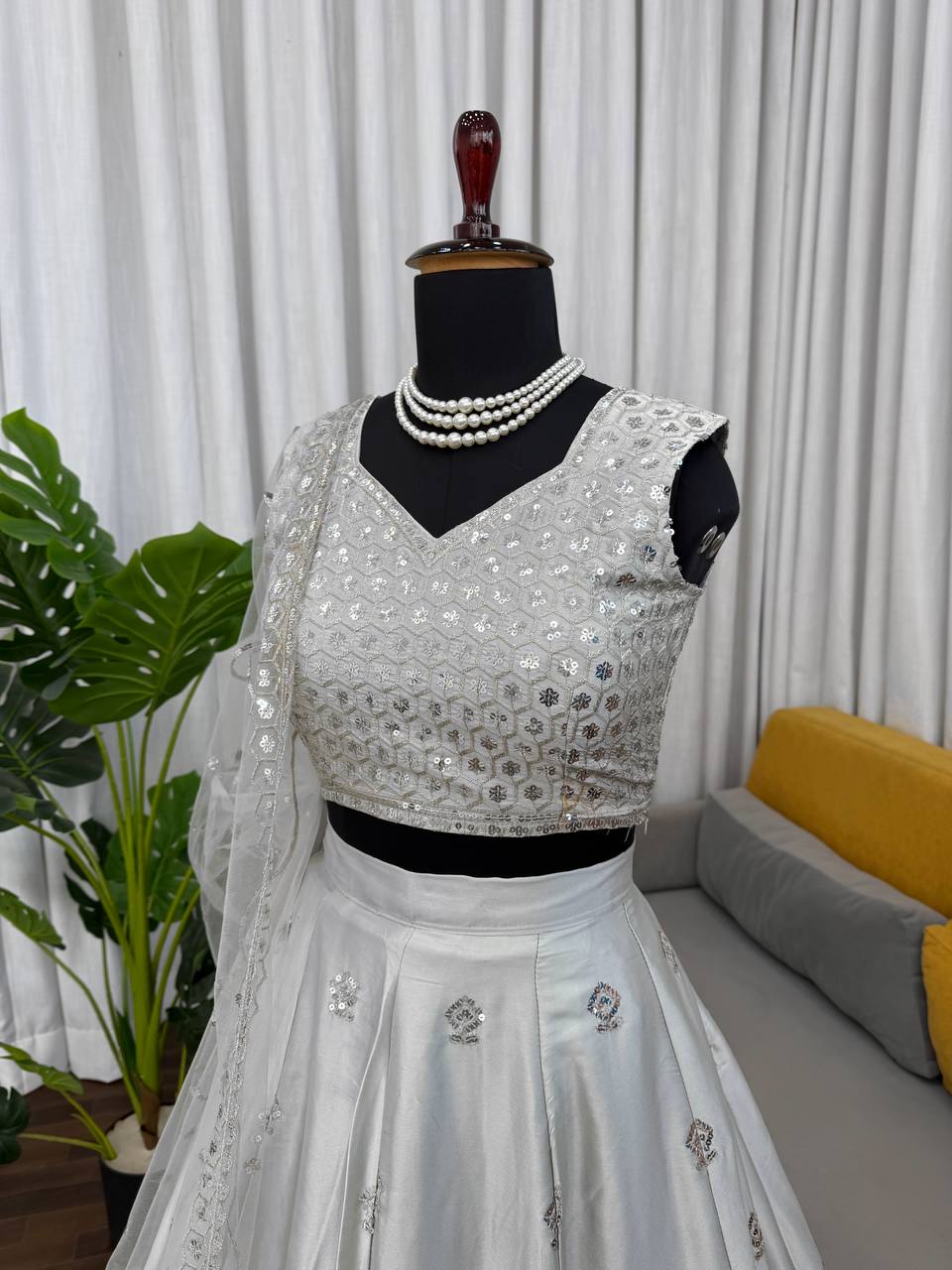 Party Wear Grey Color Japan Satin Lehenga Set