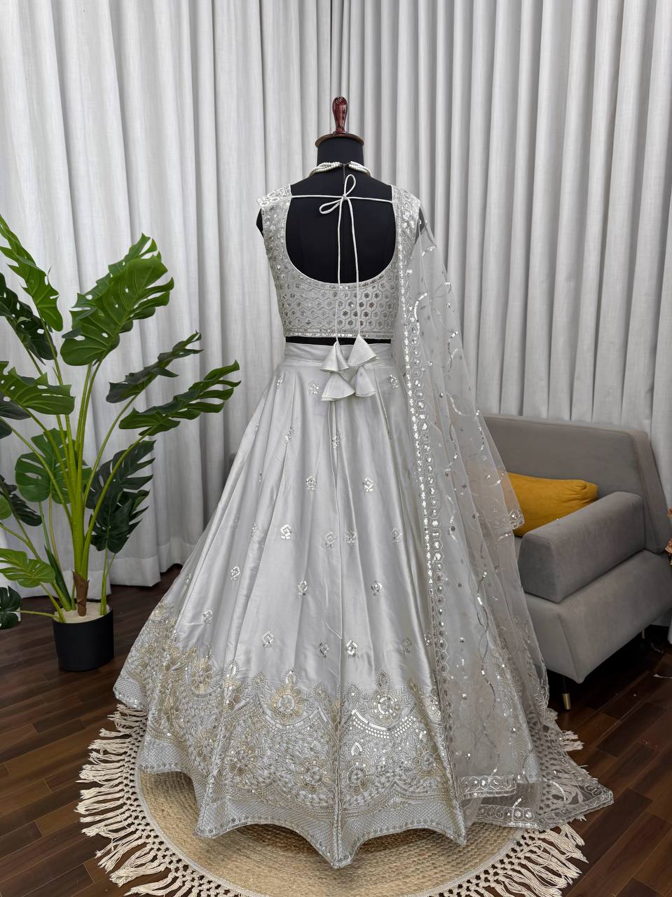 Party Wear Grey Color Japan Satin Lehenga Set