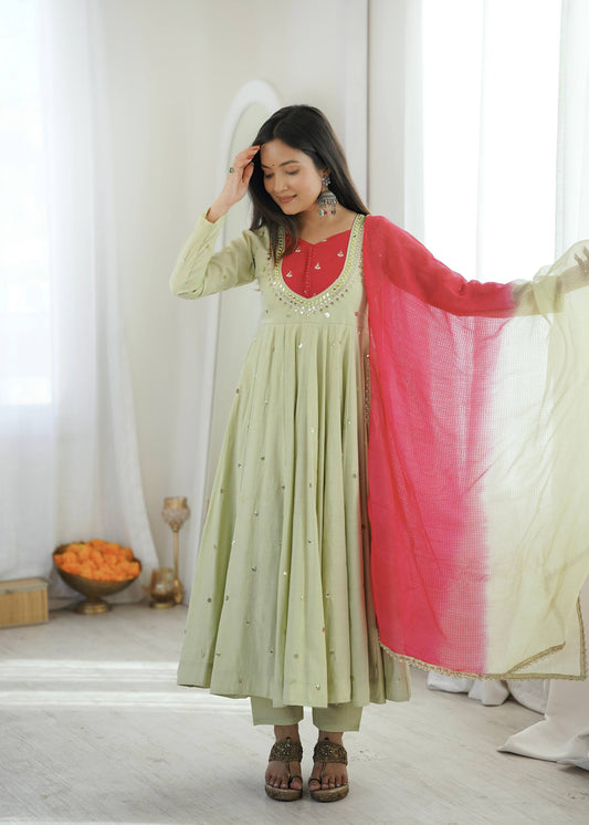 Light Green Embroidery With Real Mirror Work Arti Chauan Anarkali Suit