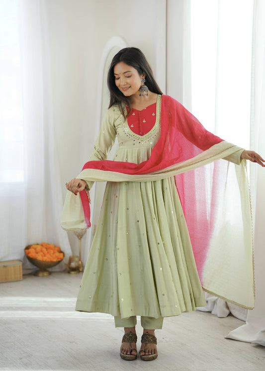 Light Green Embroidery With Real Mirror Work Arti Chauan Anarkali Suit
