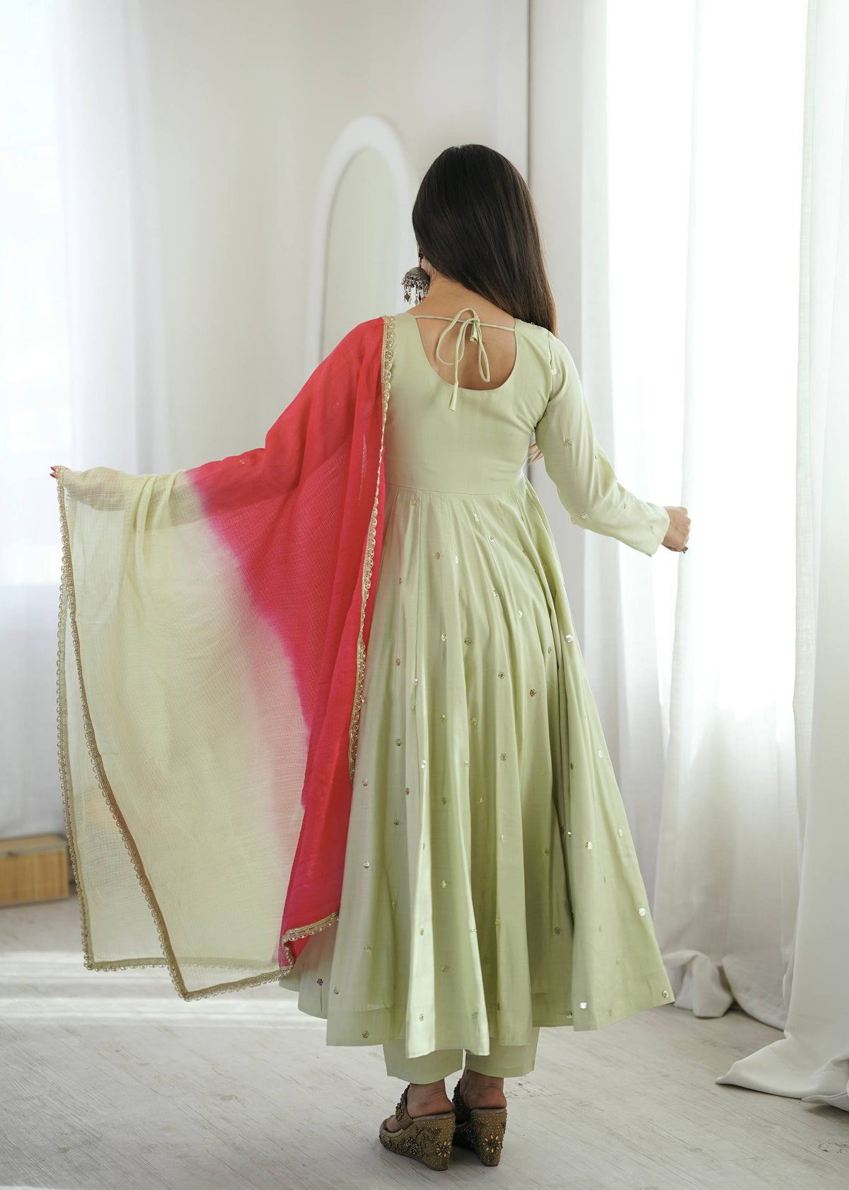 Light Green Embroidery With Real Mirror Work Arti Chauan Anarkali Suit