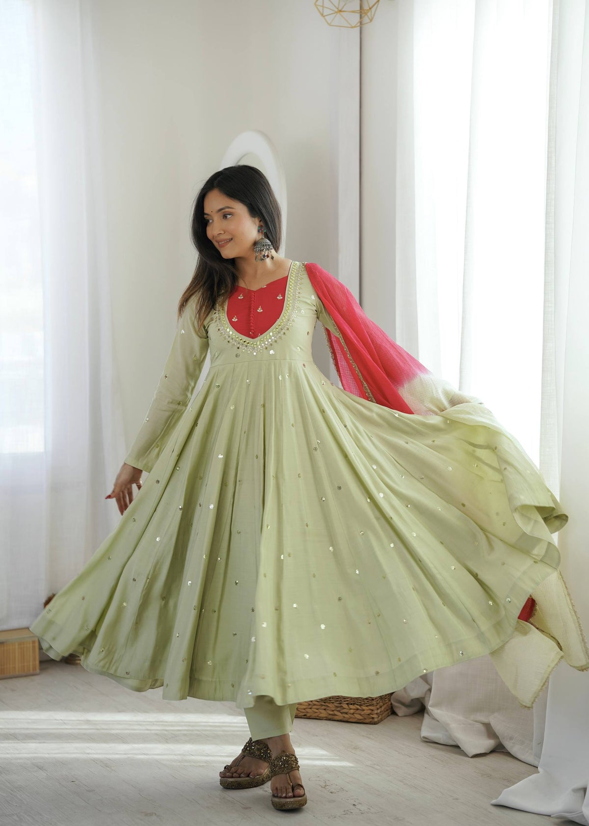 Light Green Embroidery With Real Mirror Work Arti Chauan Anarkali Suit