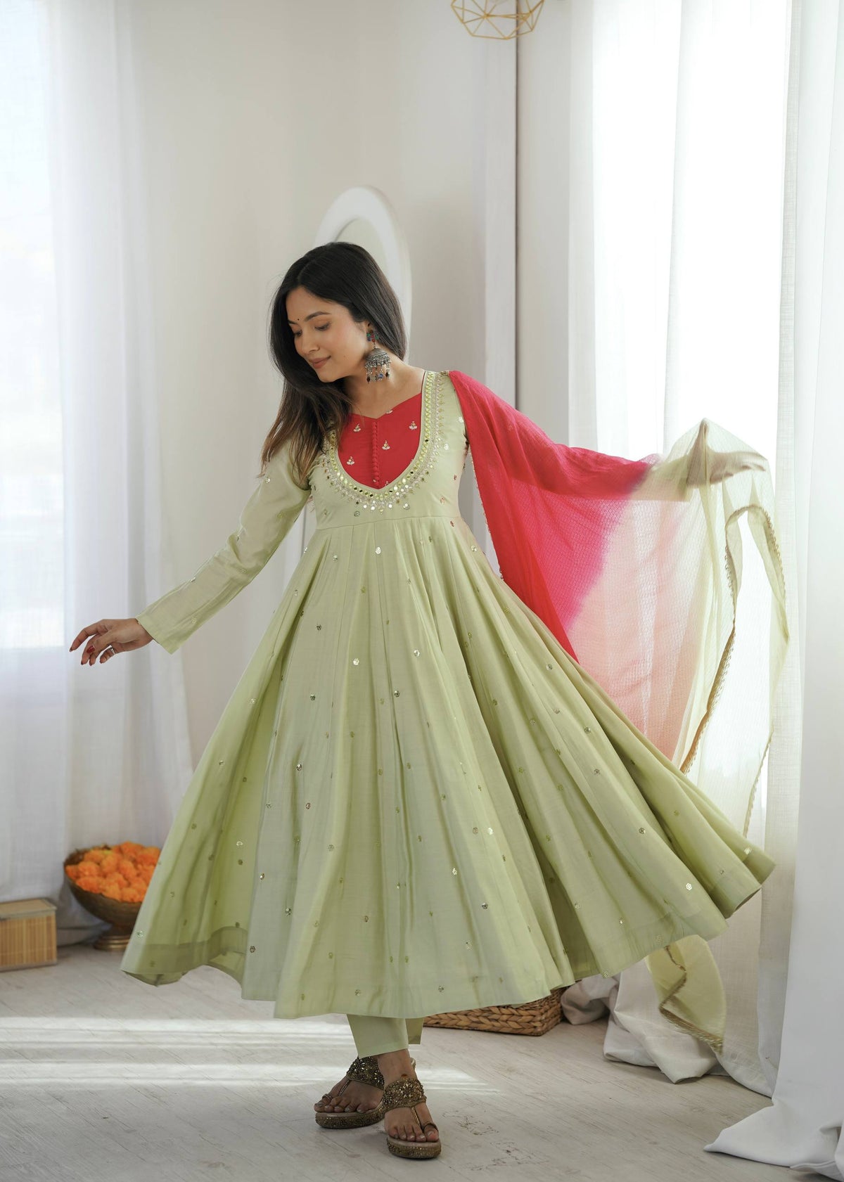 Light Green Embroidery With Real Mirror Work Arti Chauan Anarkali Suit
