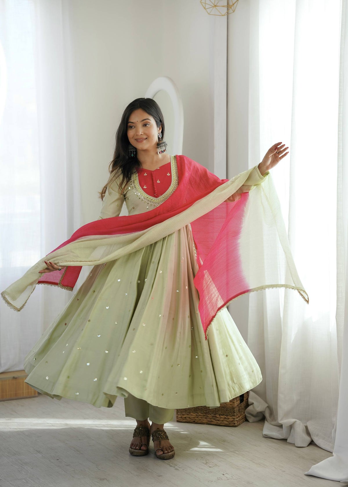 Light Green Embroidery With Real Mirror Work Arti Chauan Anarkali Suit