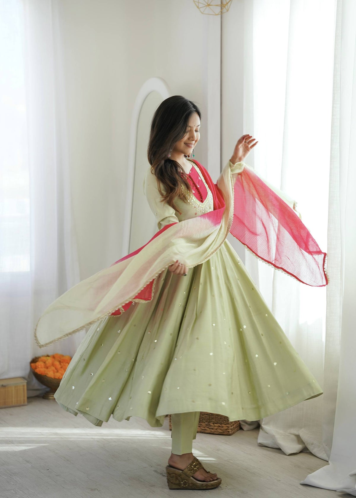 Light Green Embroidery With Real Mirror Work Arti Chauan Anarkali Suit