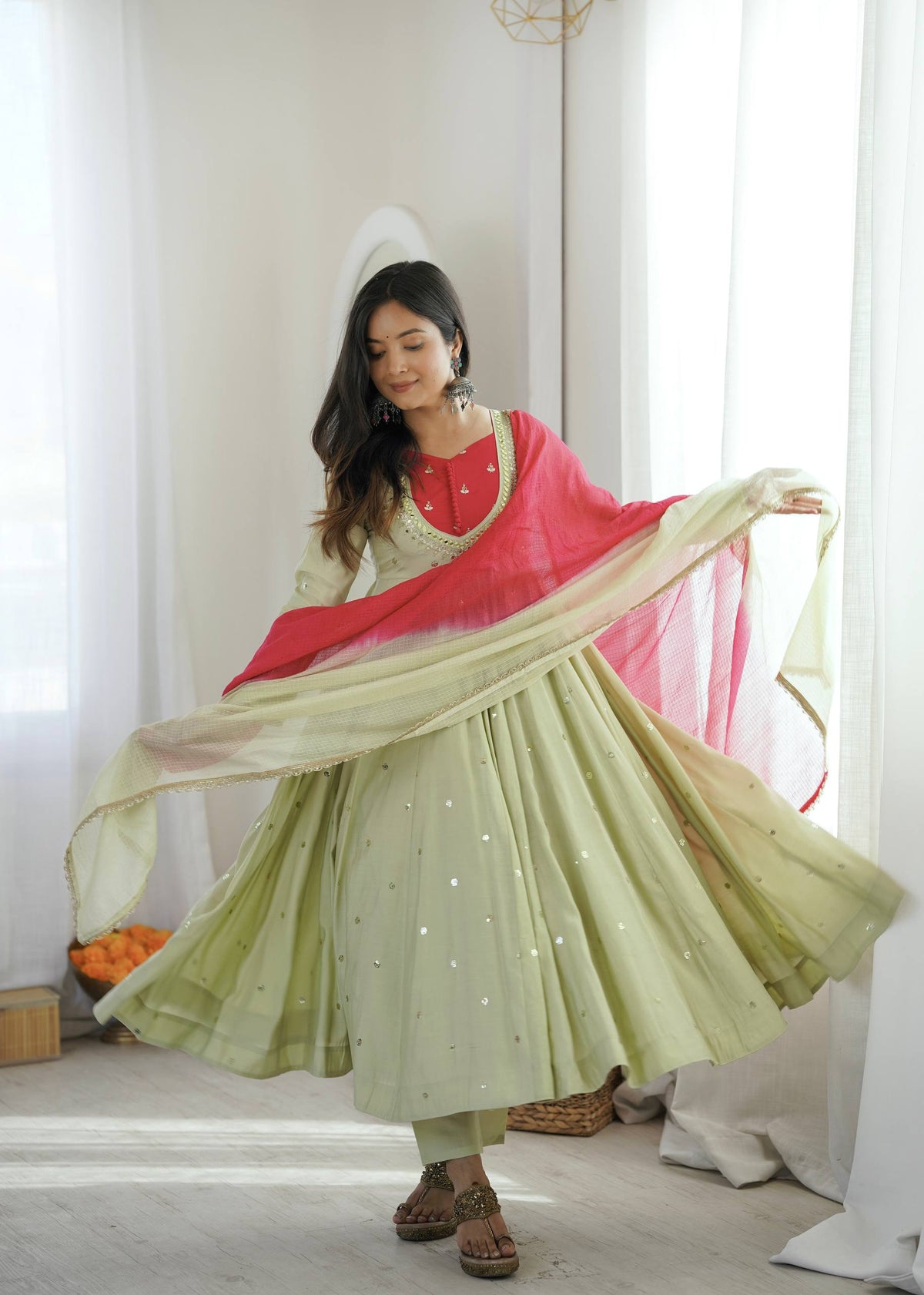 Light Green Embroidery With Real Mirror Work Arti Chauan Anarkali Suit
