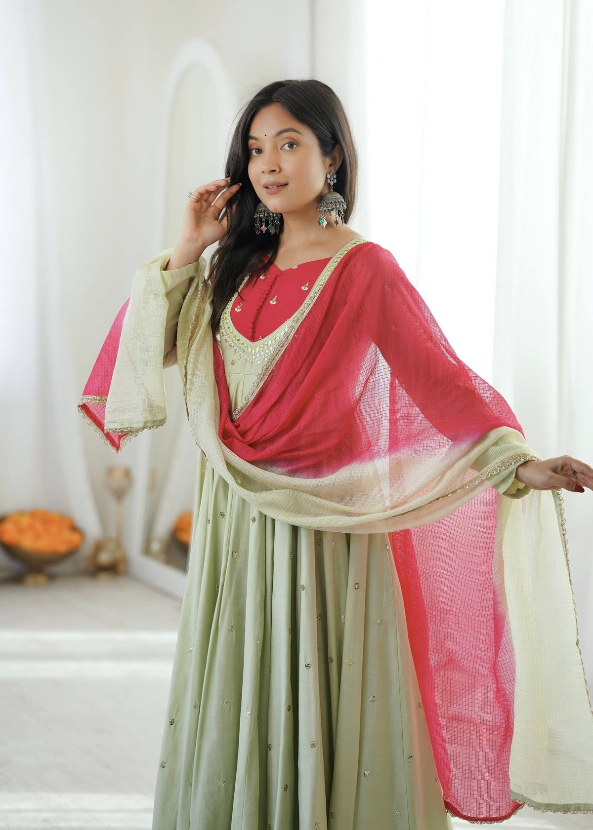Light Green Embroidery With Real Mirror Work Arti Chauan Anarkali Suit