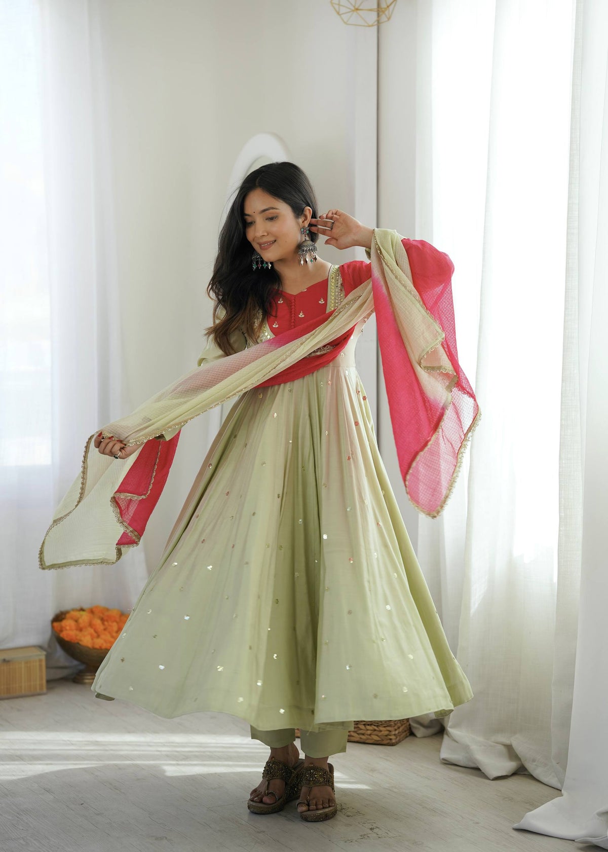 Light Green Embroidery With Real Mirror Work Arti Chauan Anarkali Suit