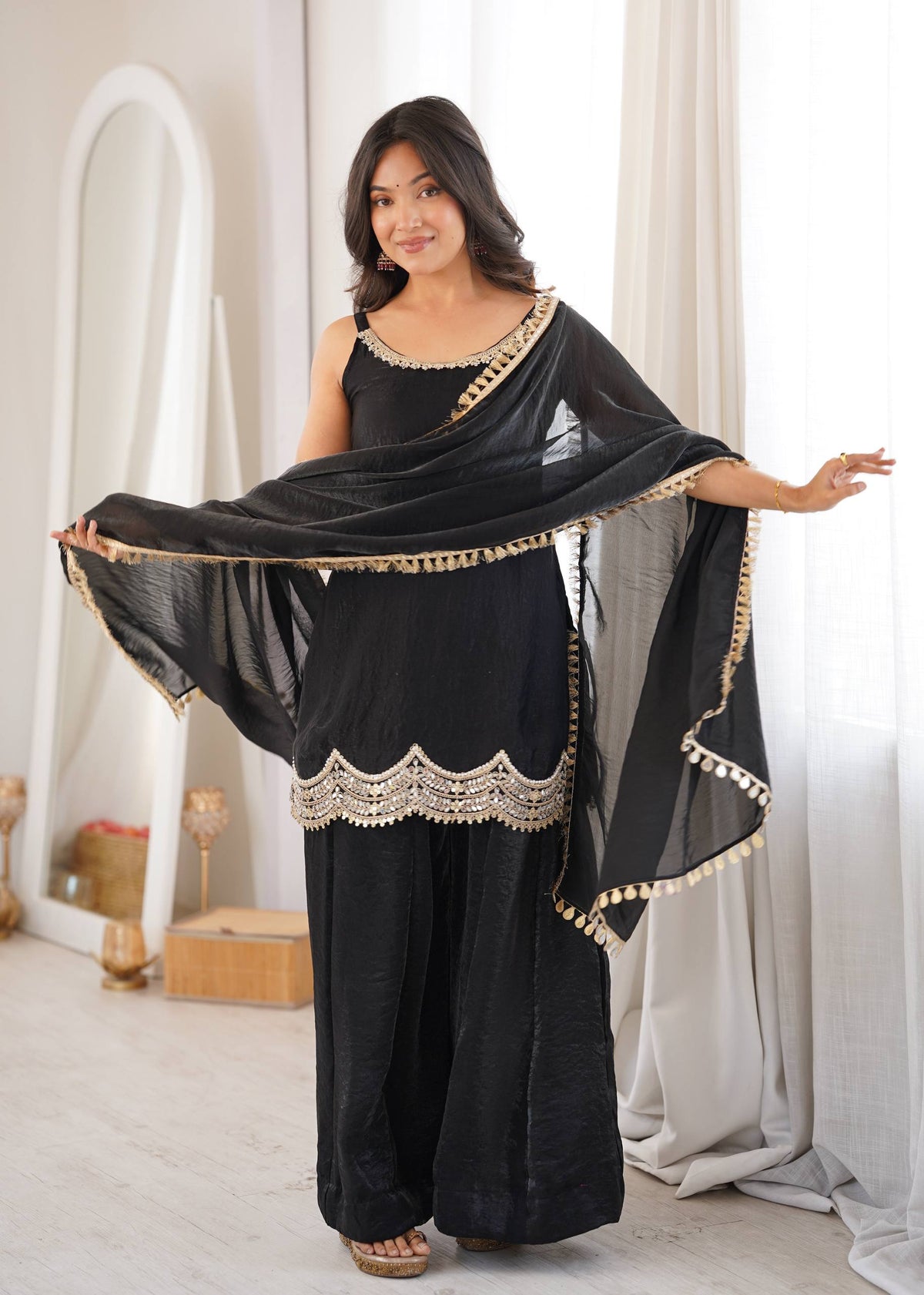 Designer Black Color Silk Mirror Work Arti Chauhan Palazzo Suit
