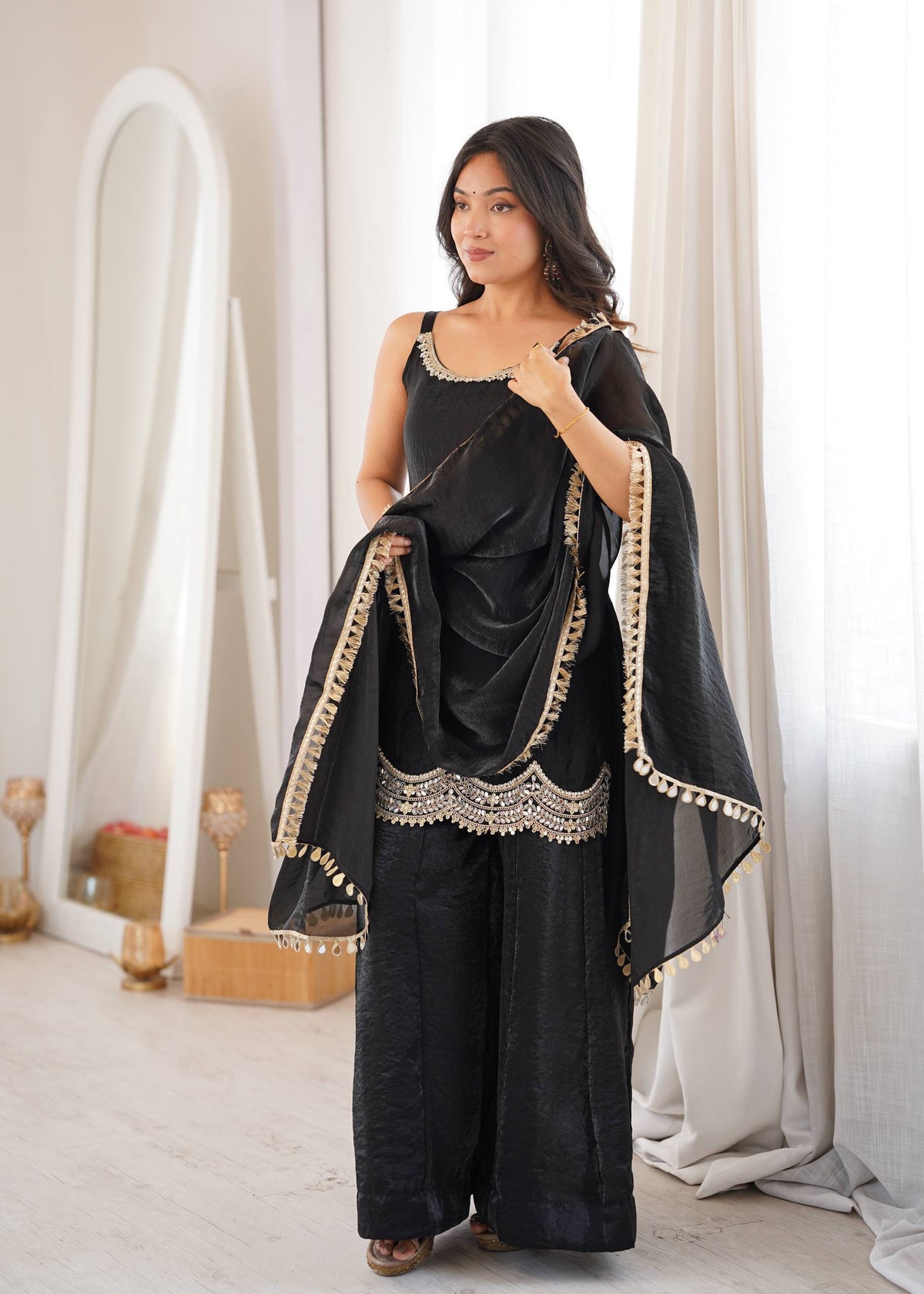 Designer Black Color Silk Mirror Work Arti Chauhan Palazzo Suit