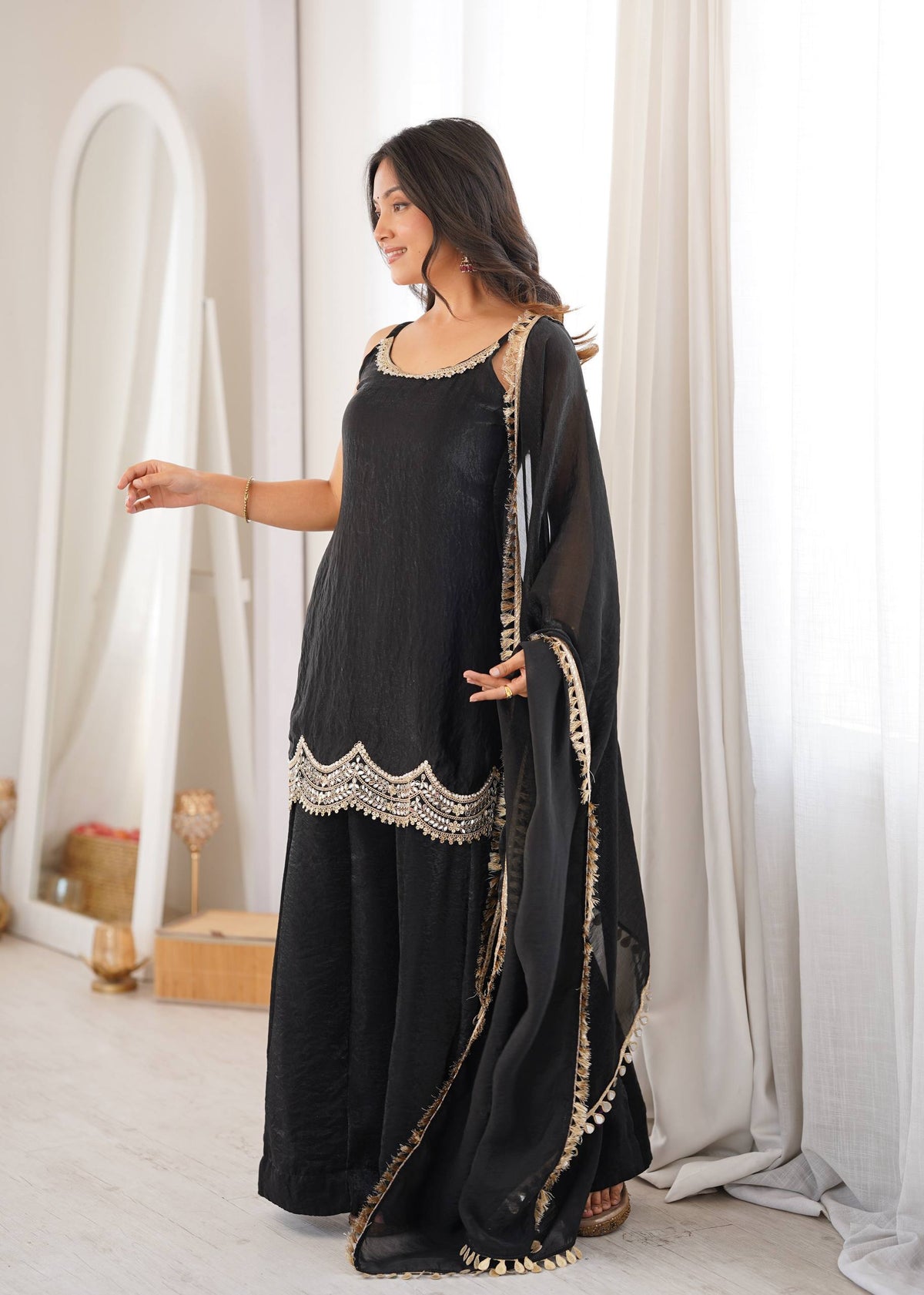 Designer Black Color Silk Mirror Work Arti Chauhan Palazzo Suit