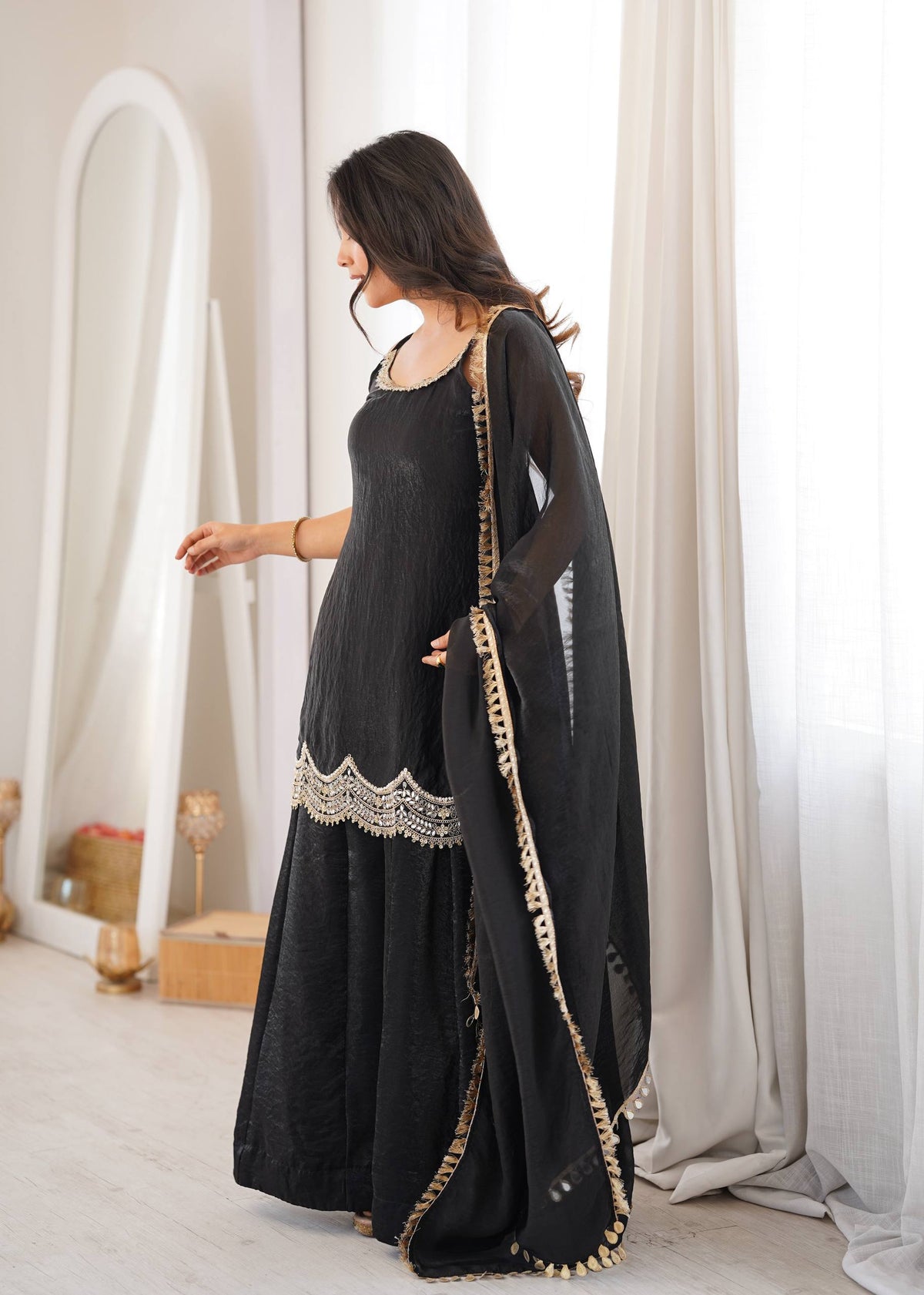 Designer Black Color Silk Mirror Work Arti Chauhan Palazzo Suit