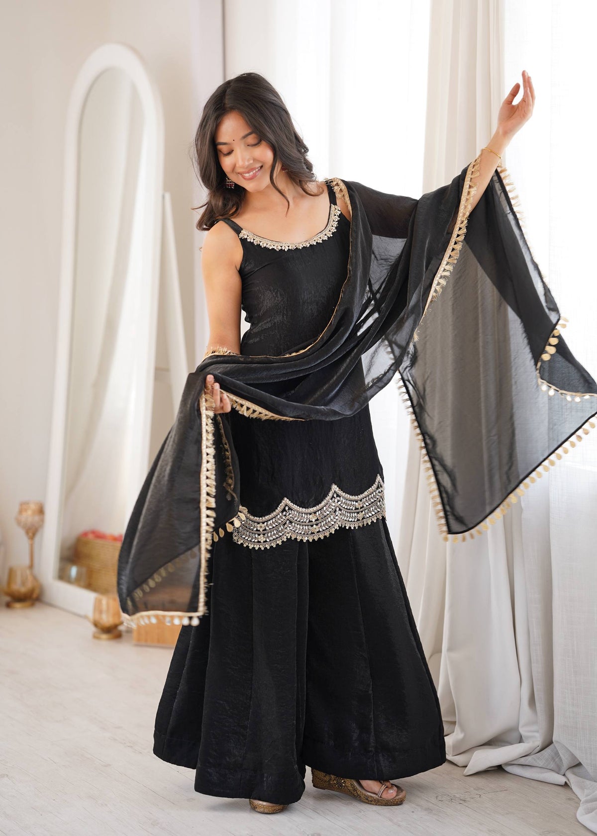 Designer Black Color Silk Mirror Work Arti Chauhan Palazzo Suit