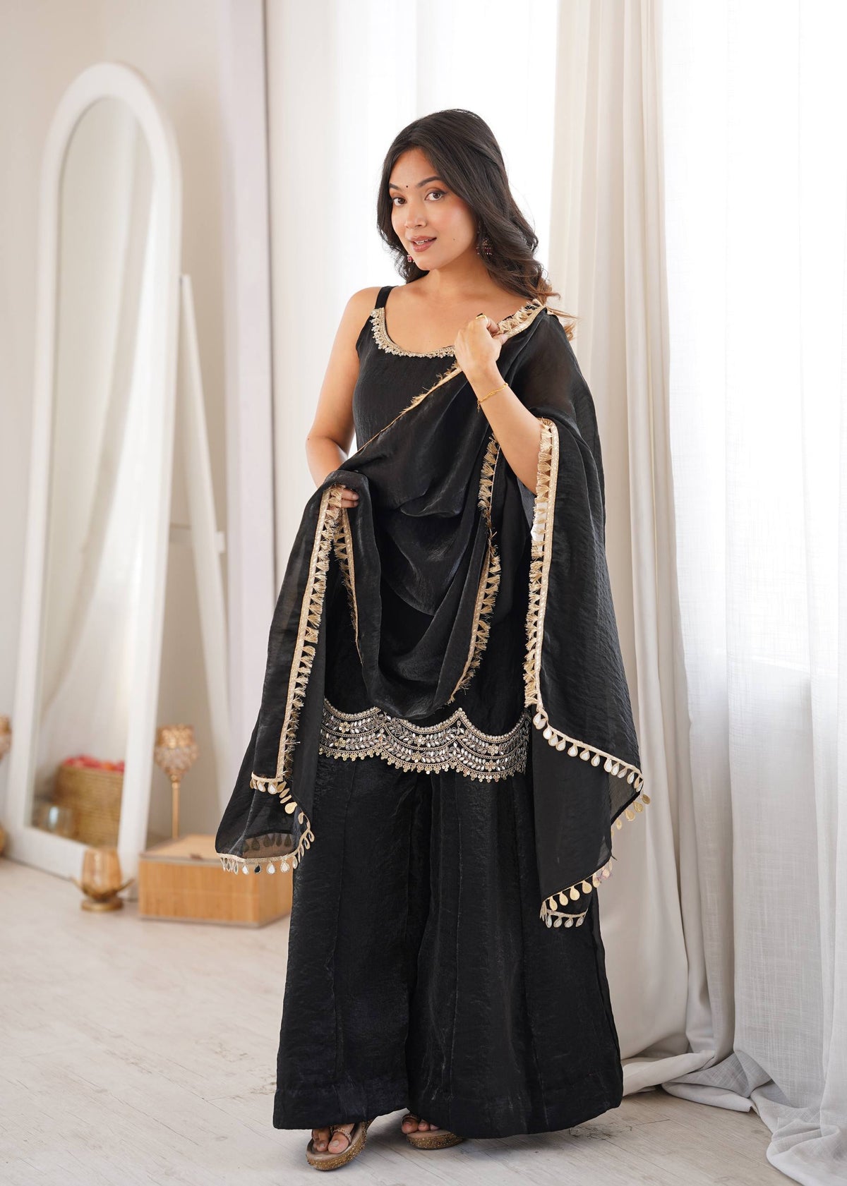 Designer Black Color Silk Mirror Work Arti Chauhan Palazzo Suit