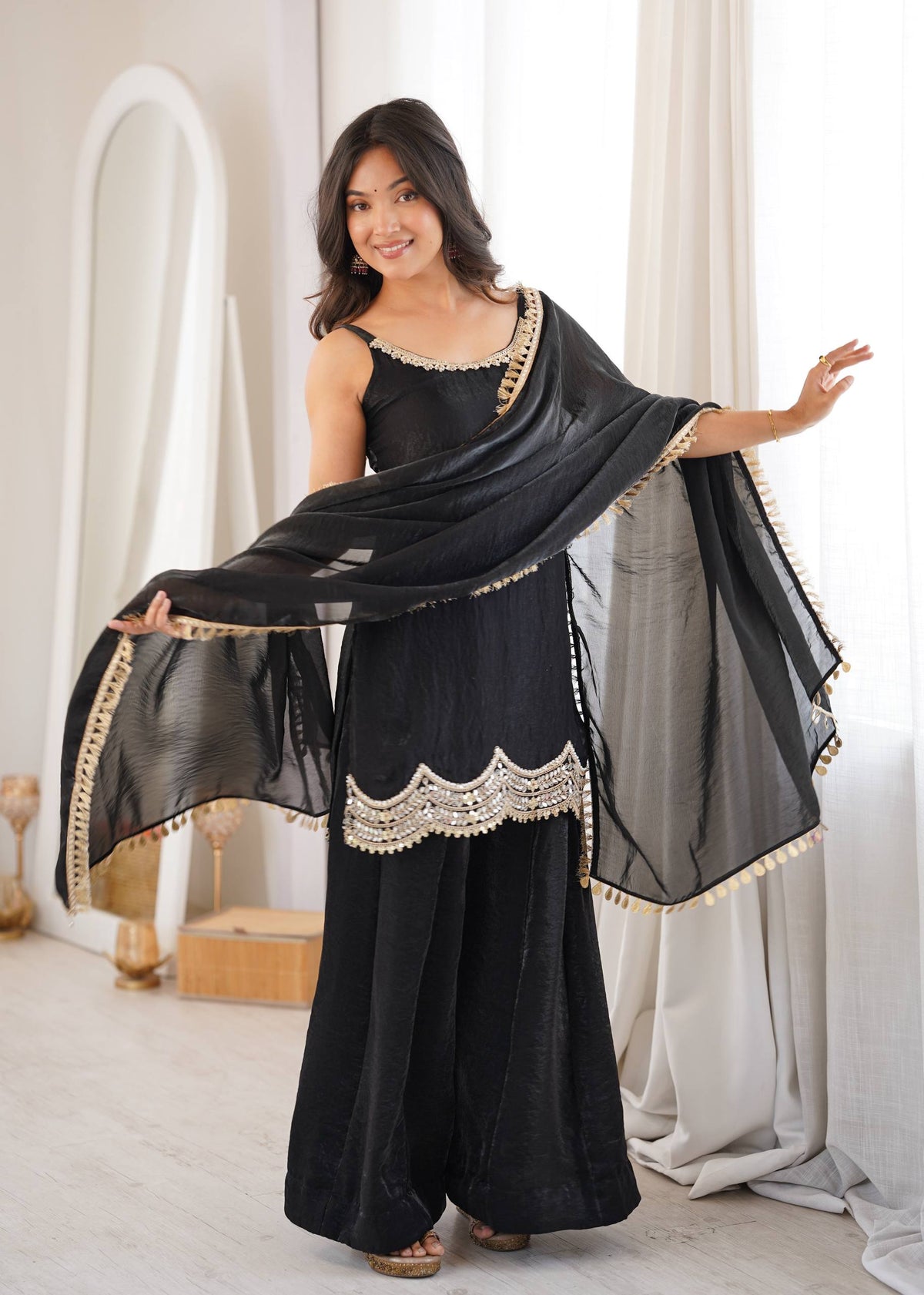 Designer Black Color Silk Mirror Work Arti Chauhan Palazzo Suit