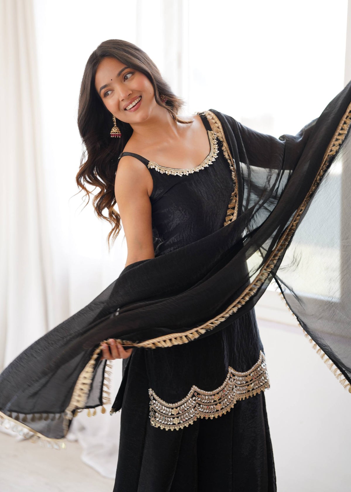Designer Black Color Silk Mirror Work Arti Chauhan Palazzo Suit