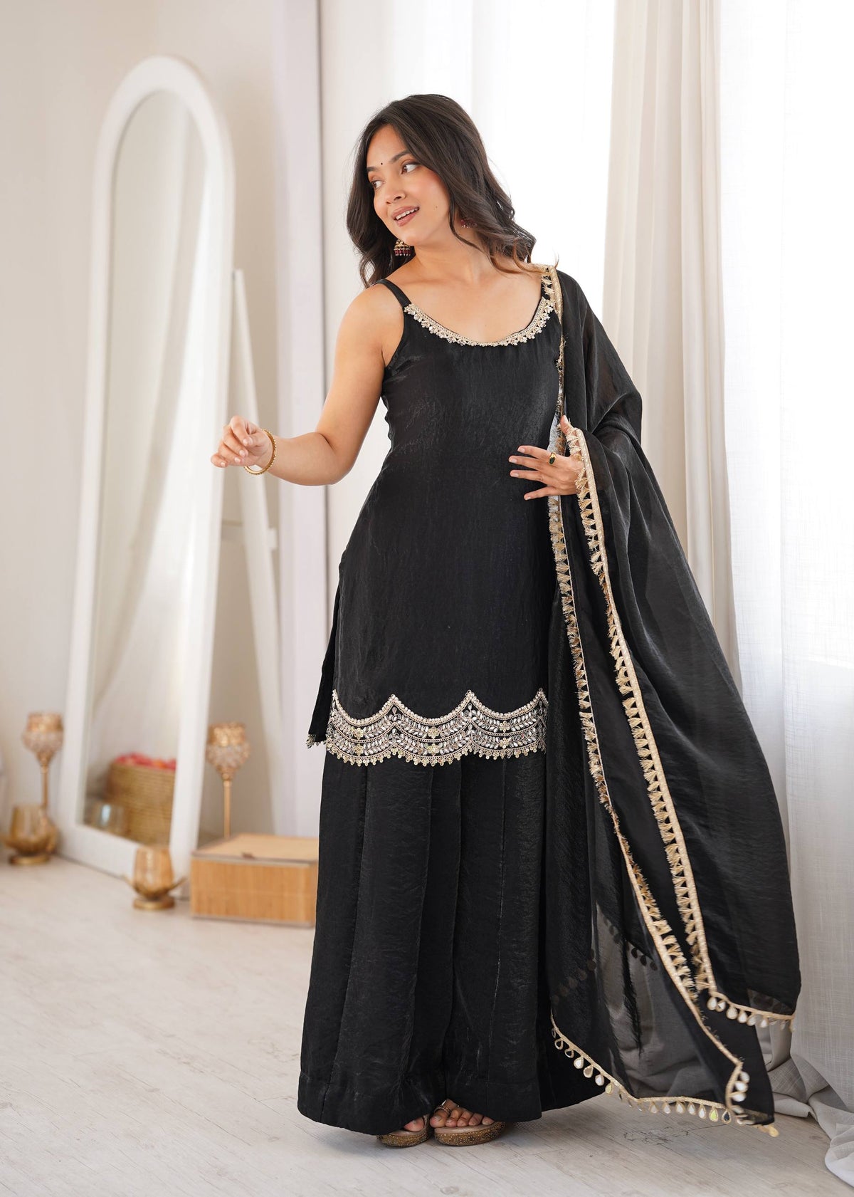 Designer Black Color Silk Mirror Work Arti Chauhan Palazzo Suit