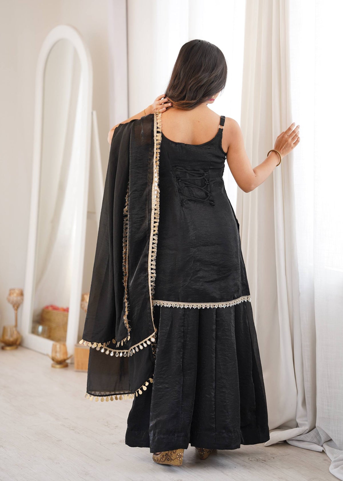 Designer Black Color Silk Mirror Work Arti Chauhan Palazzo Suit