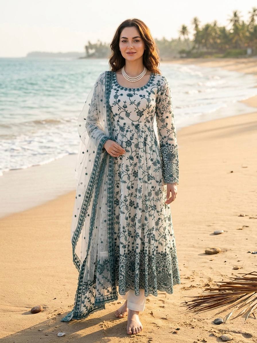 Hania Amir Wear White And Green Color Micro Cotton Thread Work Anarkali Suit