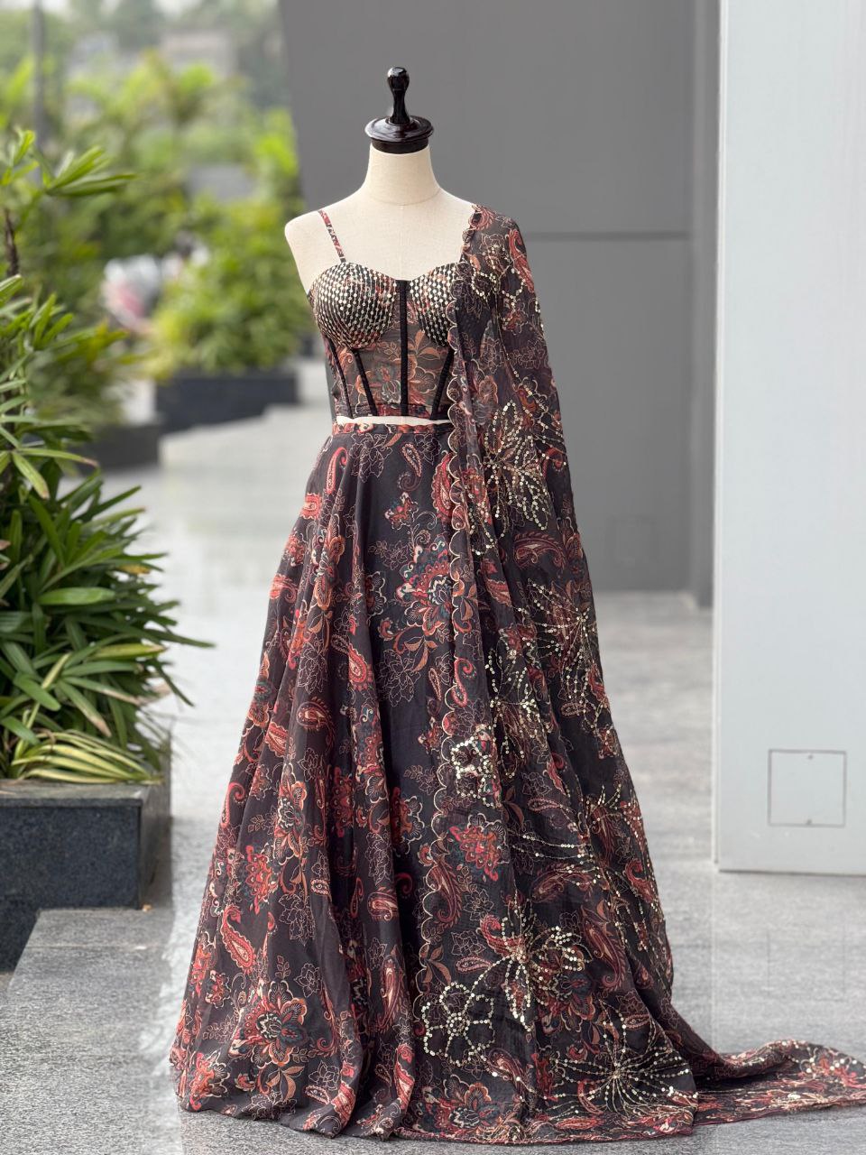 Wedding Wear Black Color Fully Stitched Lehenga Set With Corset Blouse