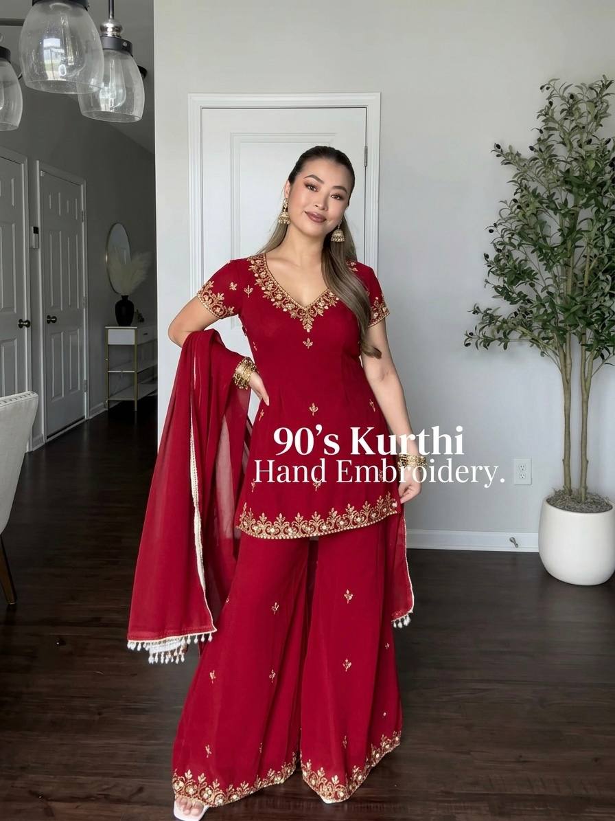 Designer Maroon Georgette Embroidery Sequence Sharara Suit