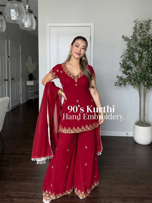 Designer Maroon Georgette Embroidery Sequence Sharara Suit