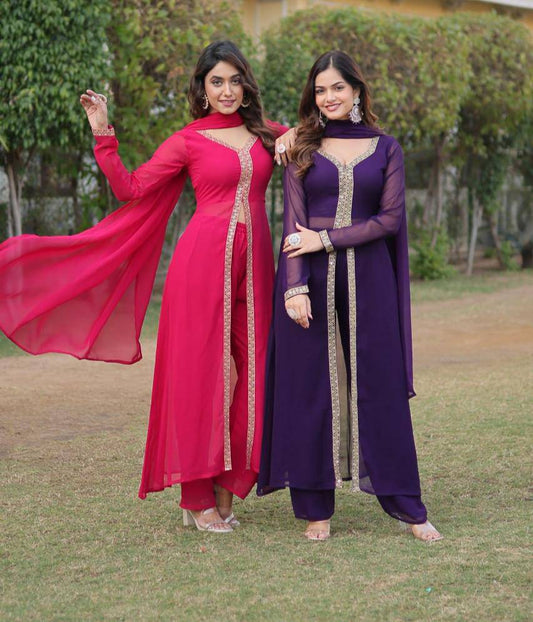 Lovely Faux Georgette Embroidered Slit Cut Top Pant Suit - Ethnicwish