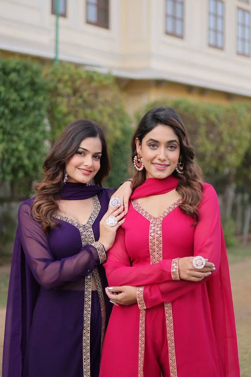 Lovely Faux Georgette Embroidered Slit Cut Top Pant Suit - Ethnicwish