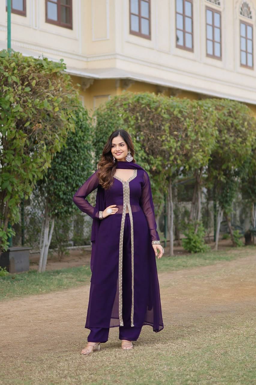 Lovely Faux Georgette Embroidered Slit Cut Top Pant Suit - Ethnicwish