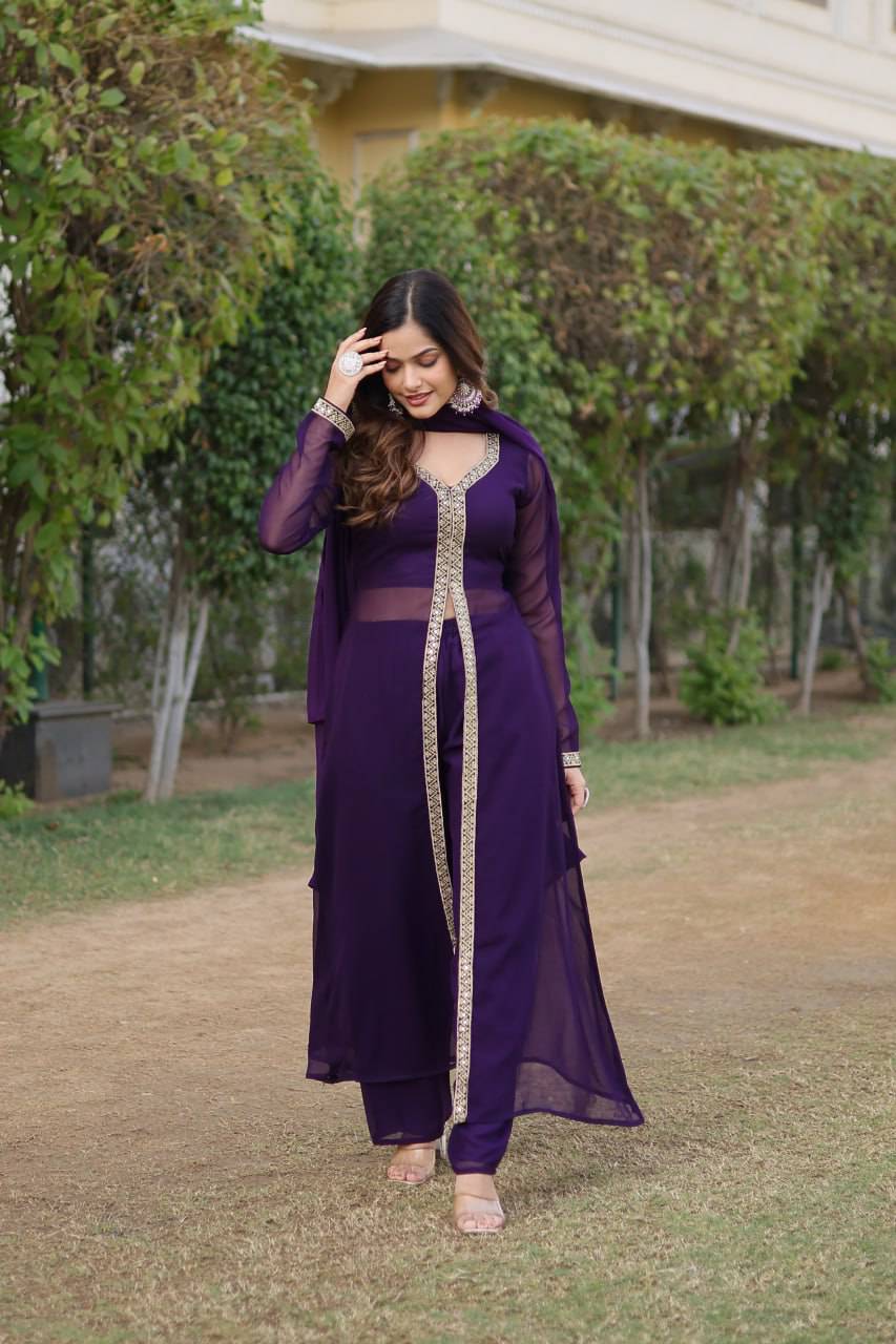Lovely Faux Georgette Embroidered Slit Cut Top Pant Suit - Ethnicwish