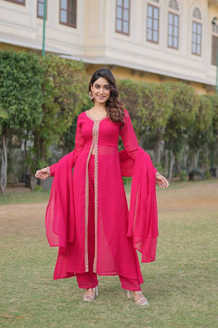 Lovely Faux Georgette Embroidered Slit Cut Top Pant Suit - Ethnicwish