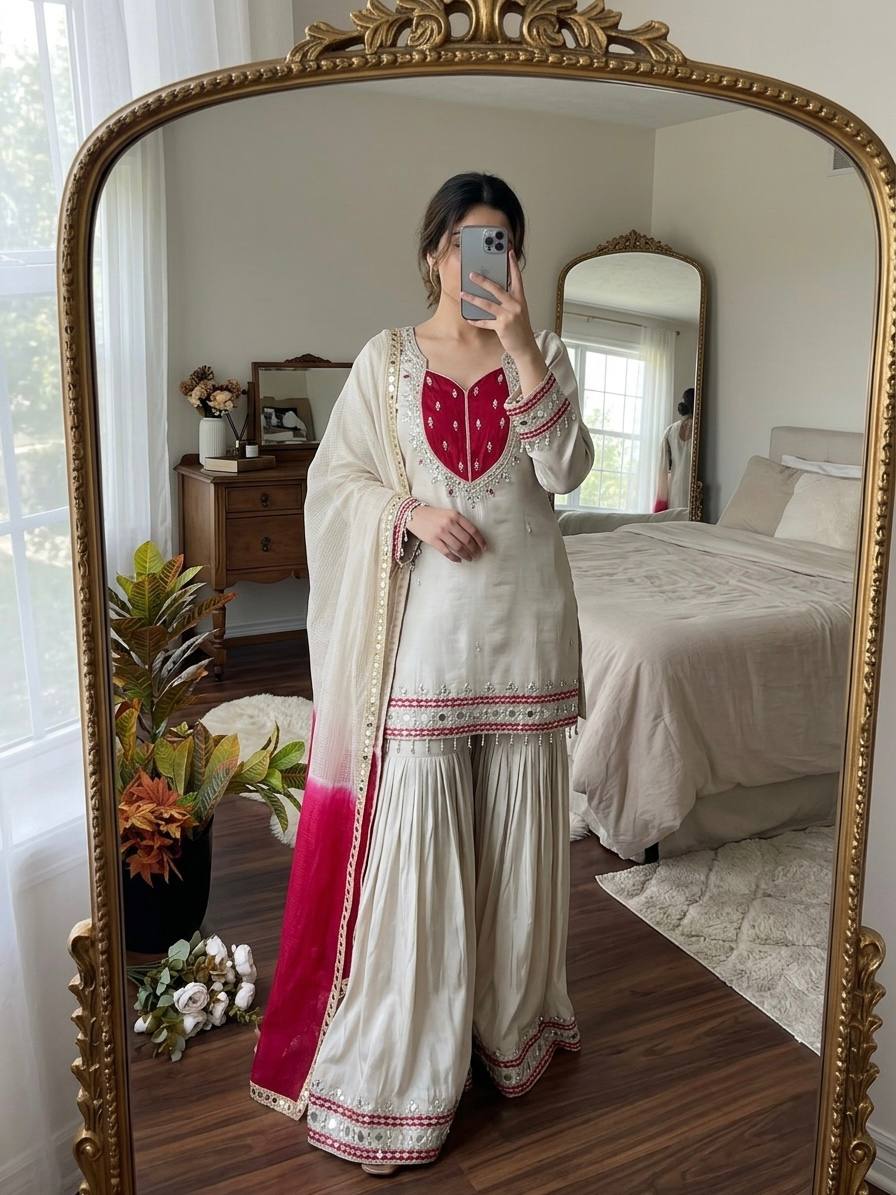 Reception Wear White Color Real Mirror Work Palazzo Suit