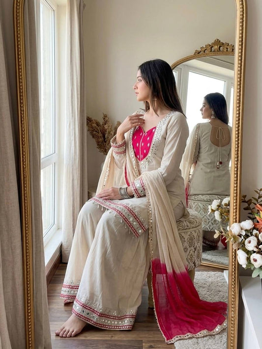 Reception Wear White Color Real Mirror Work Palazzo Suit