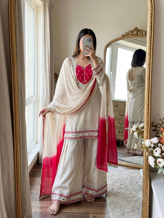 Reception Wear White Color Real Mirror Work Palazzo Suit