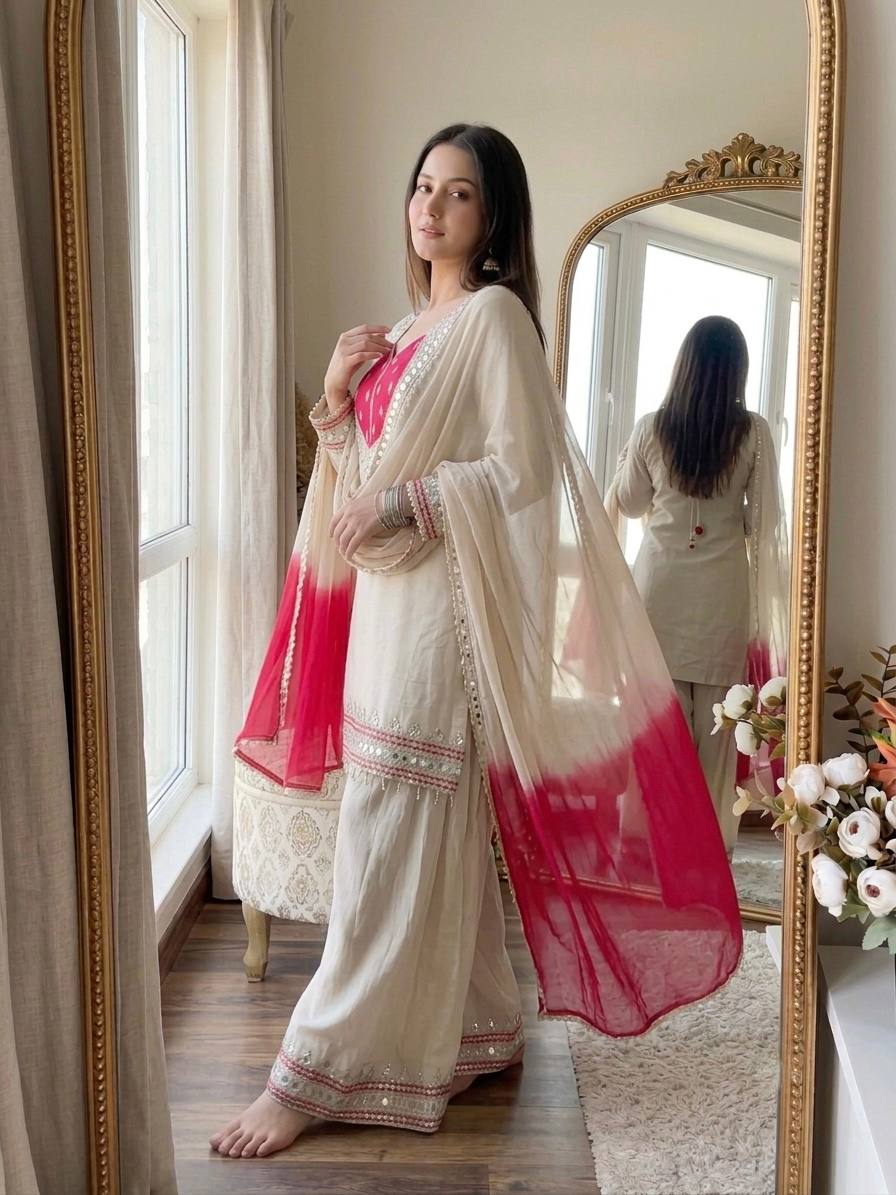 Reception Wear White Color Real Mirror Work Palazzo Suit