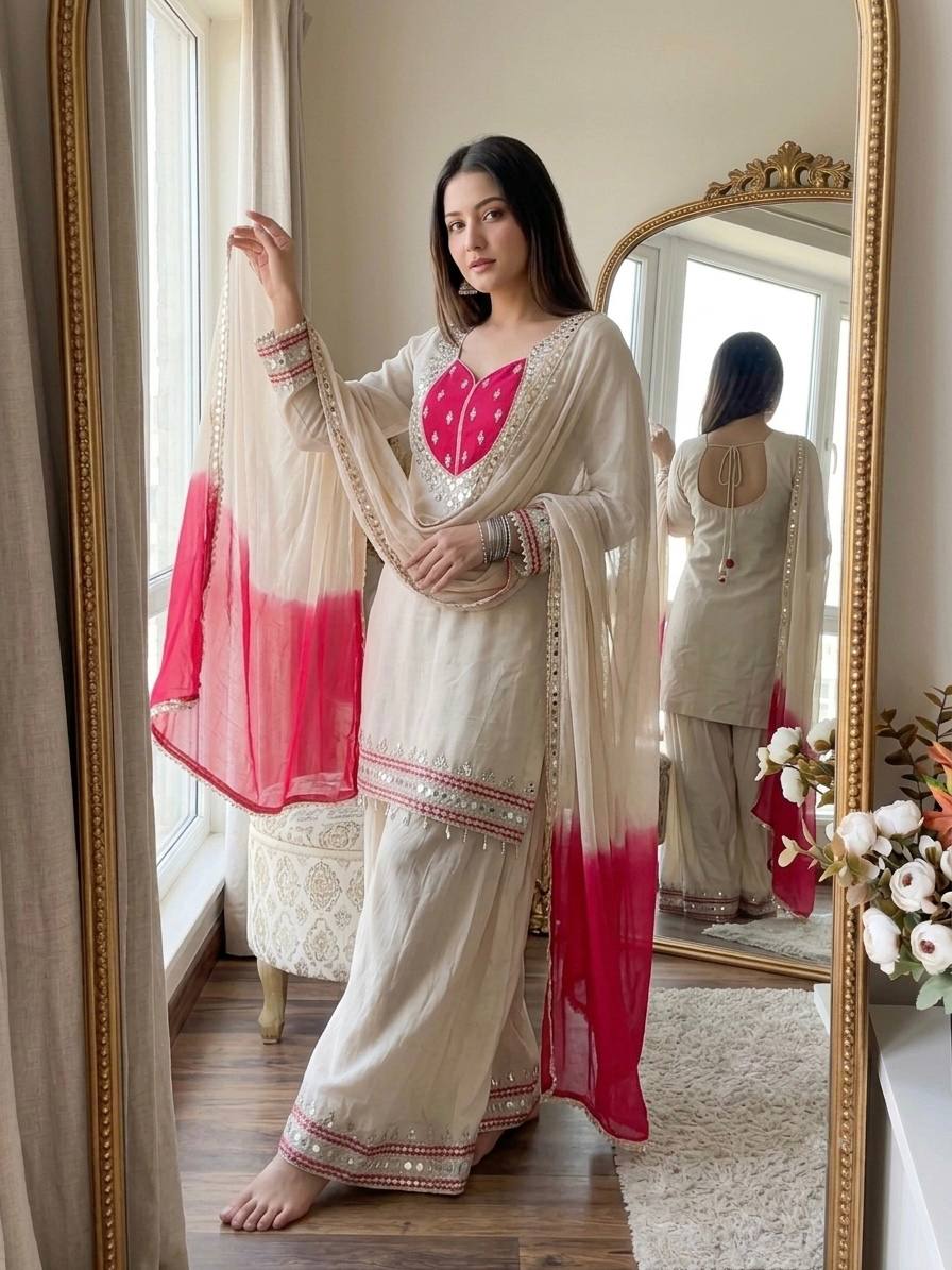 Reception Wear White Color Real Mirror Work Palazzo Suit