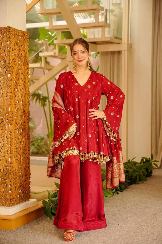 Wedding Wear Weaving & Fancy Coin Lace Silk Red Palazzo Suit