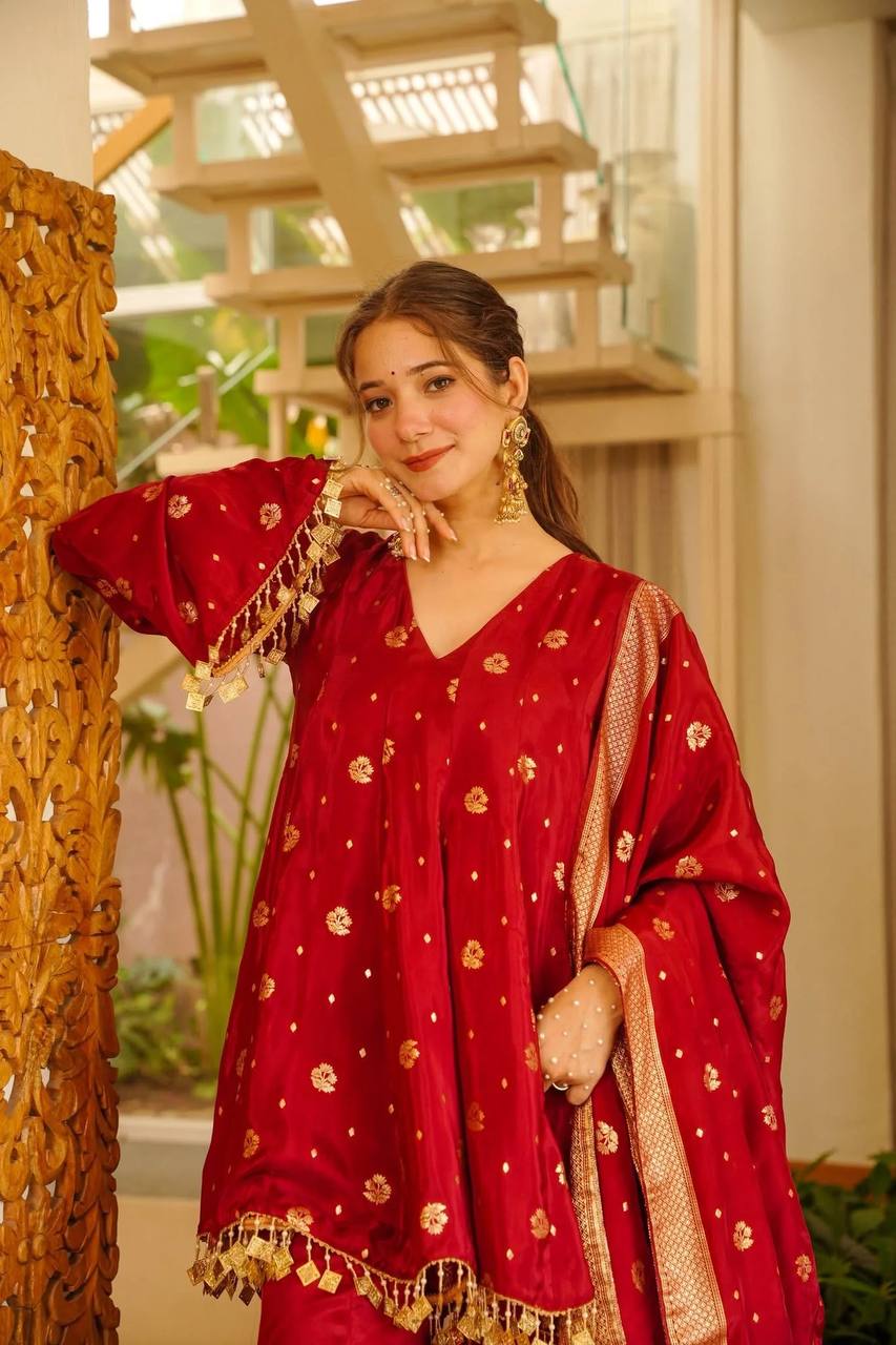 Wedding Wear Weaving & Fancy Coin Lace Silk Red Palazzo Suit