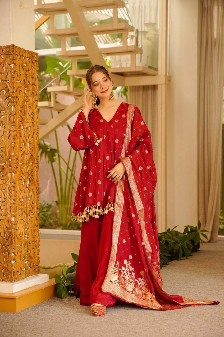 Wedding Wear Weaving & Fancy Coin Lace Silk Red Palazzo Suit