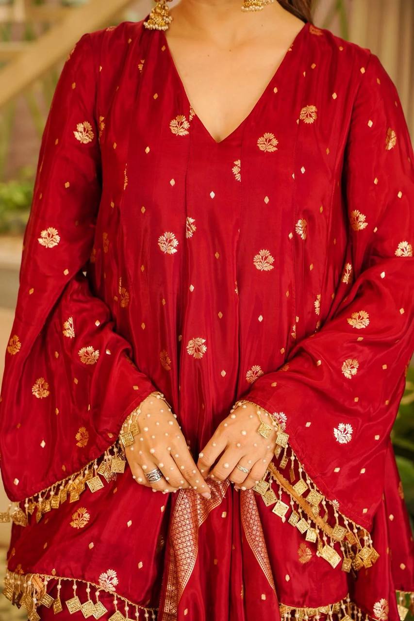 Wedding Wear Weaving & Fancy Coin Lace Silk Red Palazzo Suit