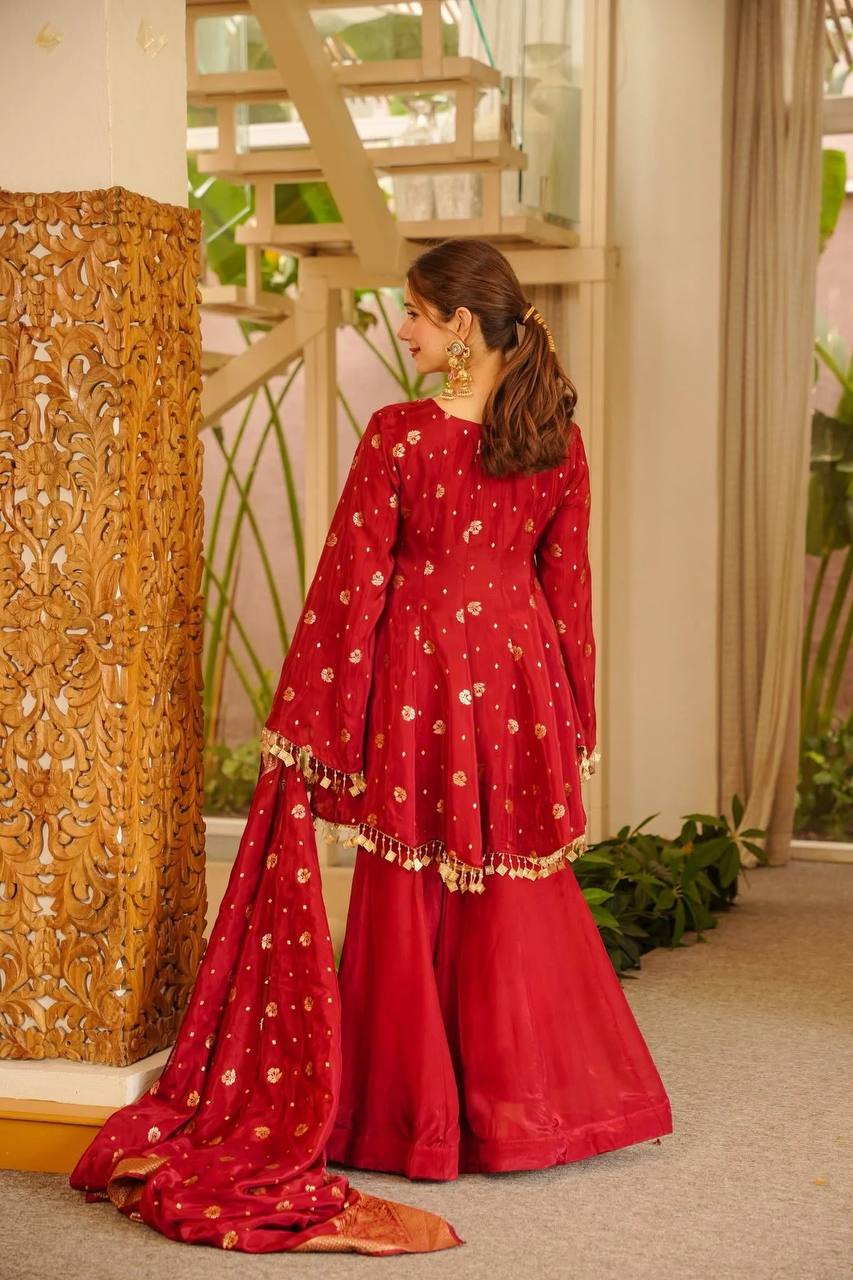 Wedding Wear Weaving & Fancy Coin Lace Silk Red Palazzo Suit