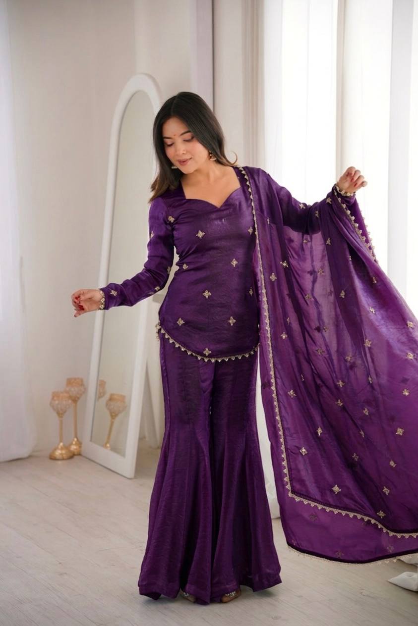 Chic and Graceful Three-Tone Ethnic Set | Sharara Set For Women